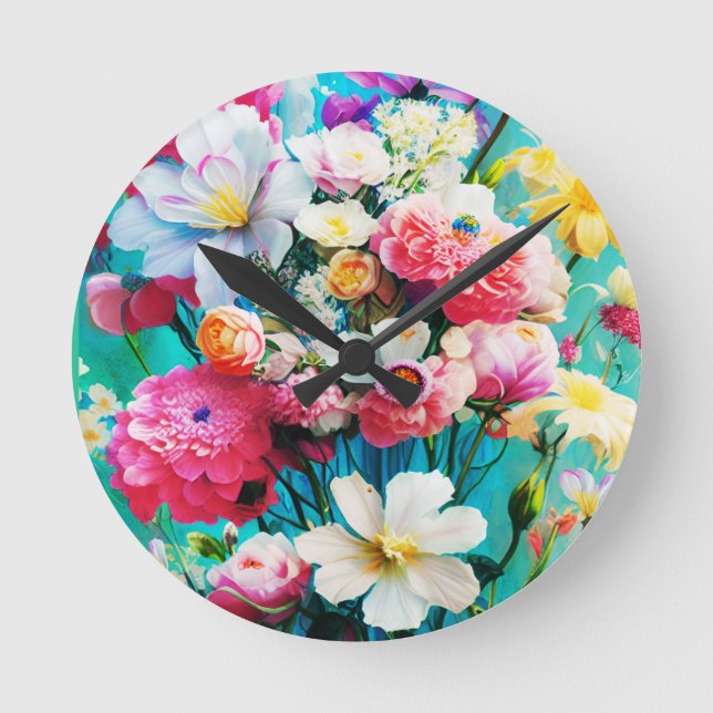 Färgglada blommor på tealbakgrund rund klocka (Framsida)