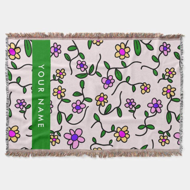 Färgglada blommor, rosa bakgrund, grön filt (Framsidan)