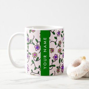 Färgglada blommor, rosa bakgrund, grön kaffemugg