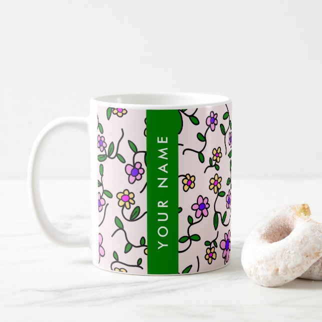 Färgglada blommor, rosa bakgrund, grön kaffemugg (Med munk)
