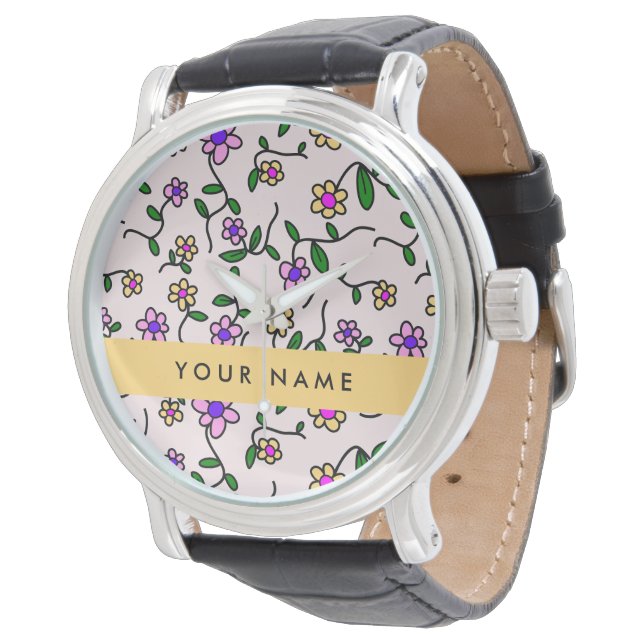 Färgglada blommor, rosa bakgrund, gul armbandsur (Vinklad)