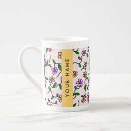 Färgglada blommor, rosa bakgrund, gul benporslin mugg
