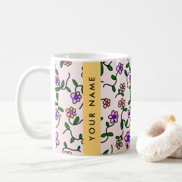 Färgglada blommor, rosa bakgrund, gul kaffemugg