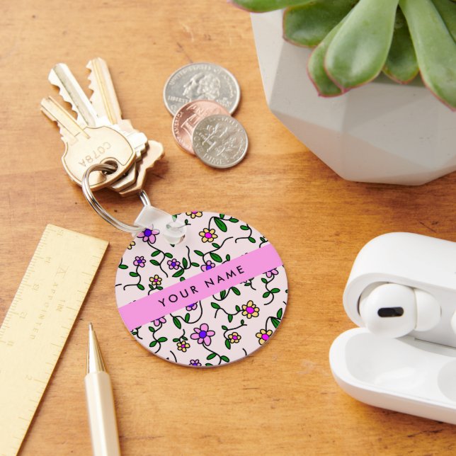 Färgglada blommor, rosa bakgrund, rosa nyckelring (Skrivbord)