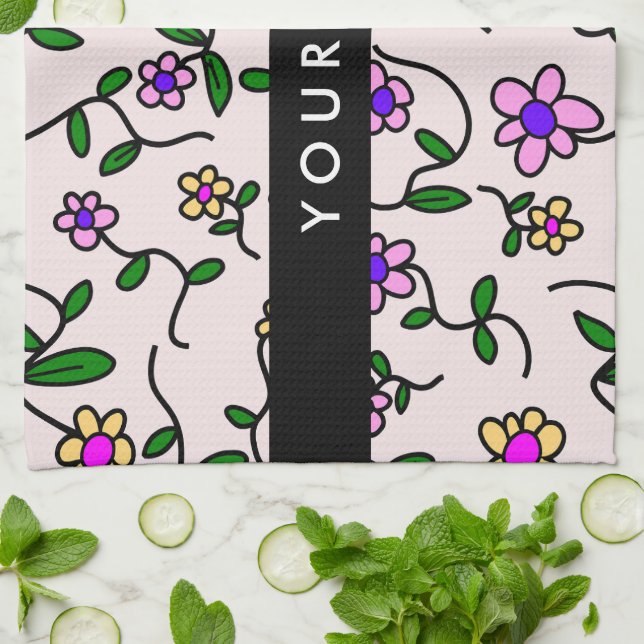 Färgglada blommor, rosa bakgrund, svart kökshandduk (Vikta)