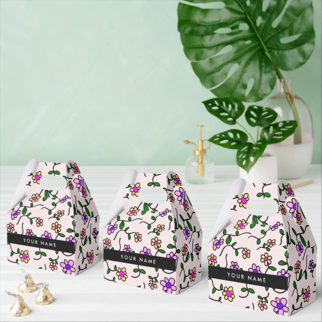 Färgglada blommor, rosa bakgrund, svart presentaskar (Multipel)