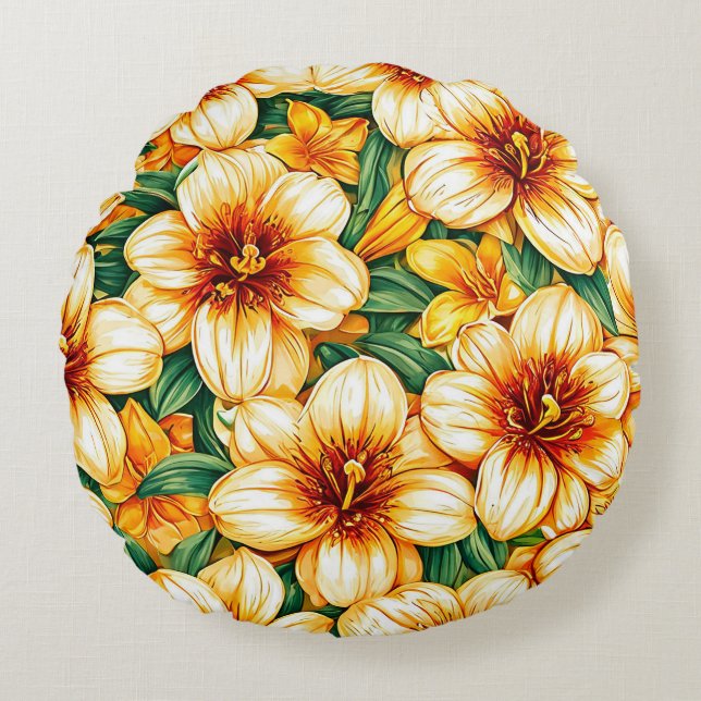Färgglada blommor rund kudde (Framsidan)