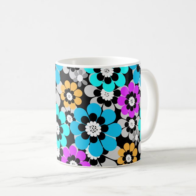 Färgglada blommor tusenskönor Blå Turkos Lila  Kaffemugg (Framsida höger)