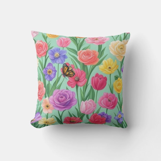 Färgglada Blommor/Vårens Rosor Kudde (Framsida)