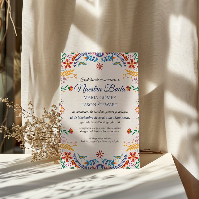 Färgglada blomster botaniska blommor spansk bröllo inbjudningar (Colorful Floral Botanical Flowers Spanish Wedding Invitation)