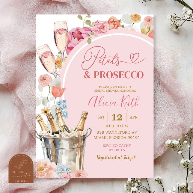 Färgglada blomstervåra kronblad och prosecco bröll inbjudningar (Skapare uppladdad)