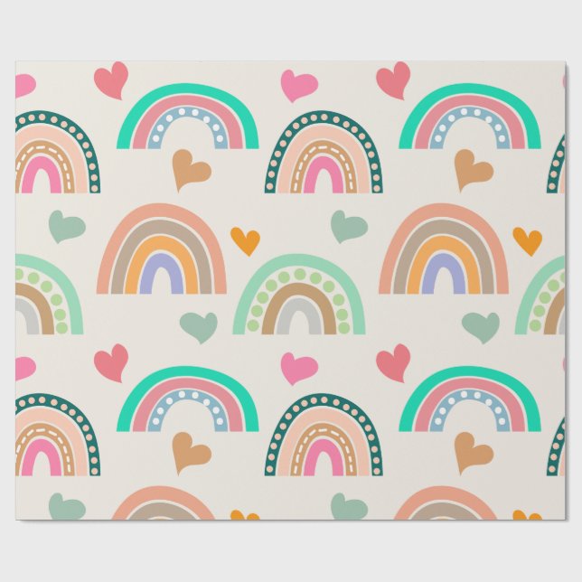 Färgglada Boho-regnbågar och hjärtmönster Presentpapper (Platt)