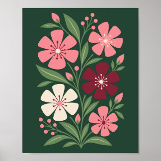 Färgglada botaniska blommor med gröna blad poster