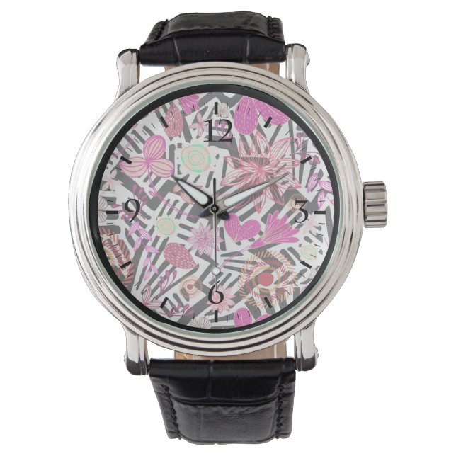 Färgglada chic svarta vita blommönster armbandsur (Framsida)