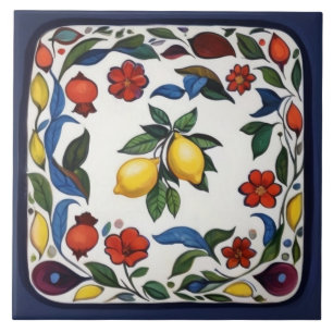 Färgglada citroner traditionella folkliga blommor kakelplatta