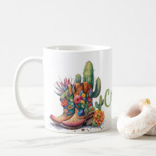 Färgglada Cowgirl-stövlar Blommor och Kaktus Kaffemugg