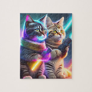 Färgglada Cyberpunk Katter Med Laser Vapen Pussel