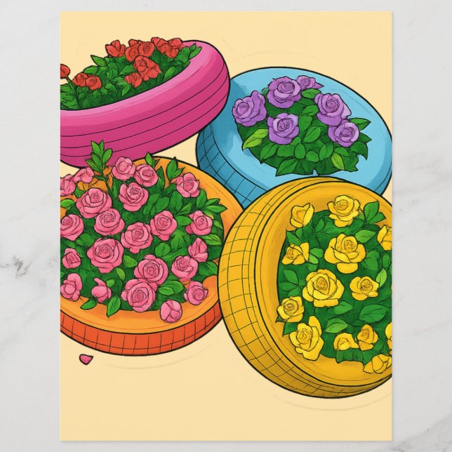 Färgglada Däckplanterare – Ljus Blomsterträdgård Reklamblad (Framsidan)