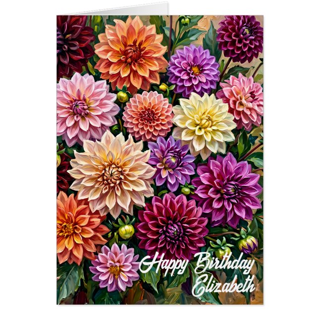 Färgglada Dahlia Blommor Lycka Till Födelsedagskor Hälsningskort (Framsidan)