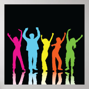 Färgglada dansare som dansar runt poster