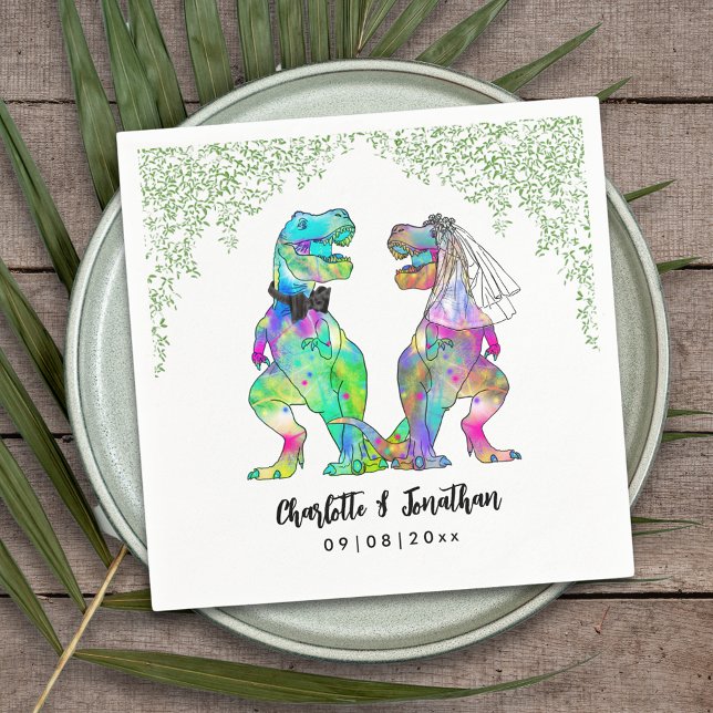 Färgglada dinosaurie-tema Bröllop Anpassade Pappersservett (Colorful dinosaur themed wedding funny T-Rex bride and groom Jurassic jungle foliage custom napkin)