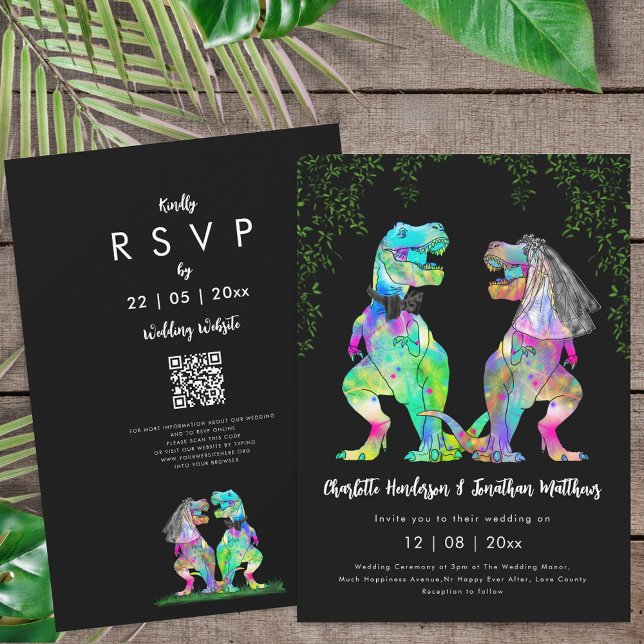 Färgglada Dinosaurie-tema Bröllops QR-kod Inbjudningar (Colorful T-Rex bride and groom dinosaur black white wedding qr code invitation T-Rex bride and groom)