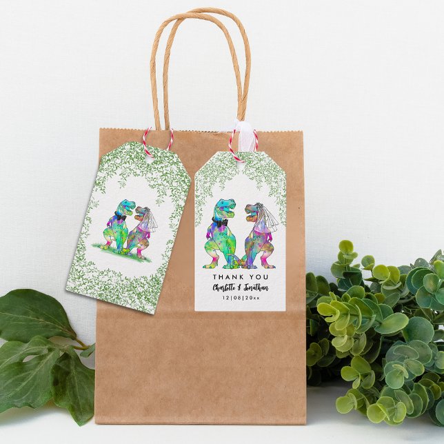Färgglada dinosaurie-tema tackkort för bröllop presentetikett (T-Rex bride and groom colorful dinosaur wedding thank you favor tags)