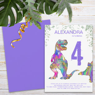 Färgglada dinosauriemädchen 4-års födelsedagsfest inbjudningar