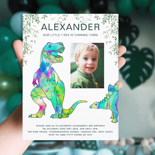 Färgglada dinosauriepojkar 3-års födelsedagsfest f inbjudan vykort (dinosaur jungle 3rd birthday party invitation with photo template colorful T-rex and stegosaurus )