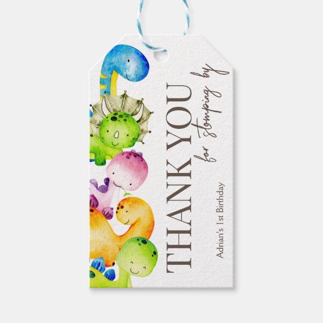 Färgglada dinosaurier födelsedagsfest personlig presentetikett (Framsidan)