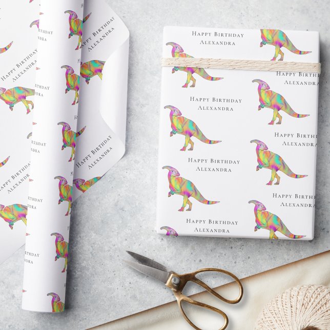 Färgglada dinosaurier Glad födelsedag Personlig Presentpapper (Cute dinosaur happy birthday personalized girl name wrapping paper Parasaurolophus Jurassic dino)