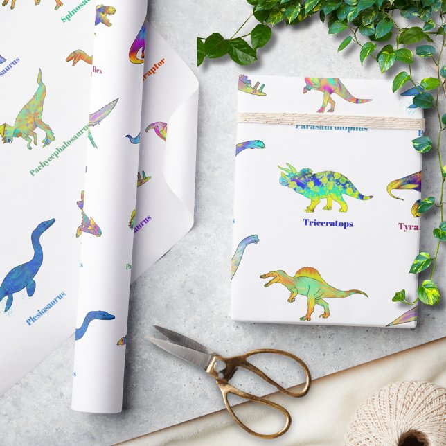 Färgglada dinosaurier med namn Mönster Presentpapper (dinosaurs with names pattern wrapping paper colorful watercolor dino artwork T-Rex velociraptor )