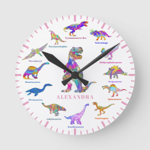 Färgglada dinosaurier med namn rund klocka