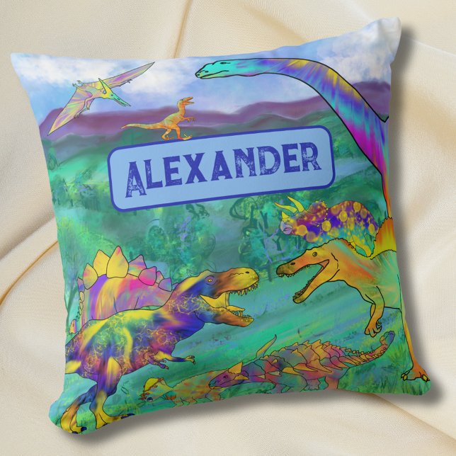 Färgglada dinosaurier Personligt namn Kudde (Colorful dinosaurs kids personalized name bedroom decor pillow Cute dino custom gift)