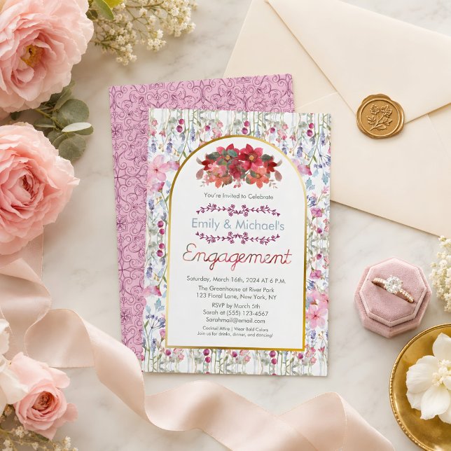 Färgglada djärva blomsterblommor Guld Förlovningsf Inbjudningar (Floral Wedding invitation )