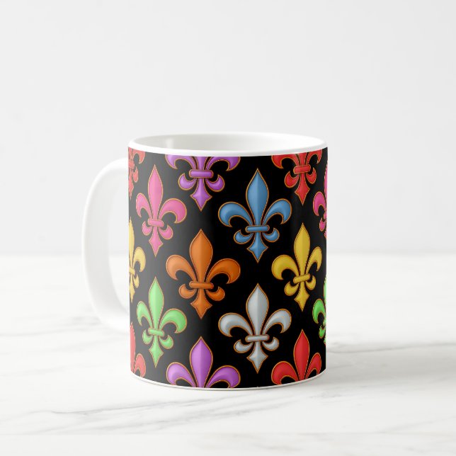 Färgglada Djärva Fleur-de-lis Blommor Svarta  Kaffemugg (Framsida vänster)