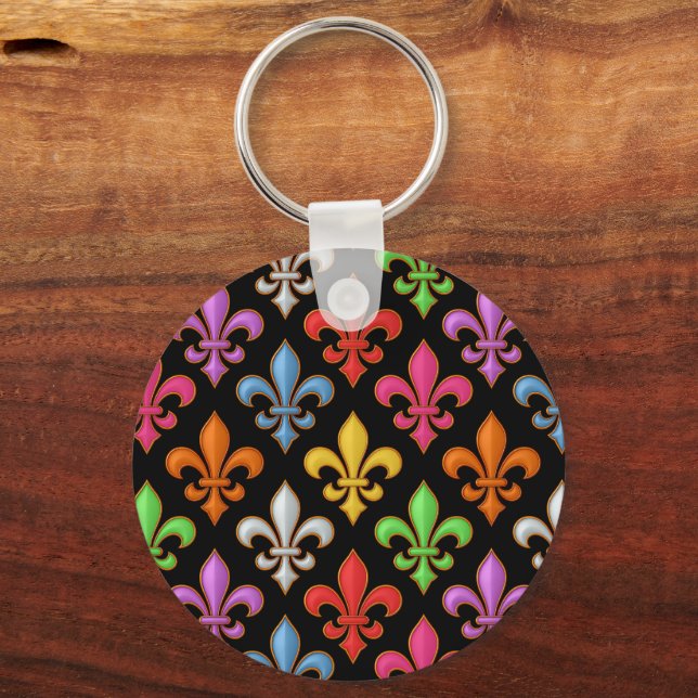 Färgglada Djärva Fleur-de-lis Blommor Svarta  Nyckelring (Baksida)