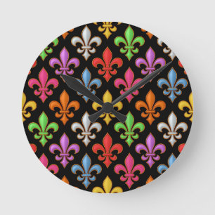 Färgglada Djärva Fleur-de-lis Blommor Svarta Rund Klocka