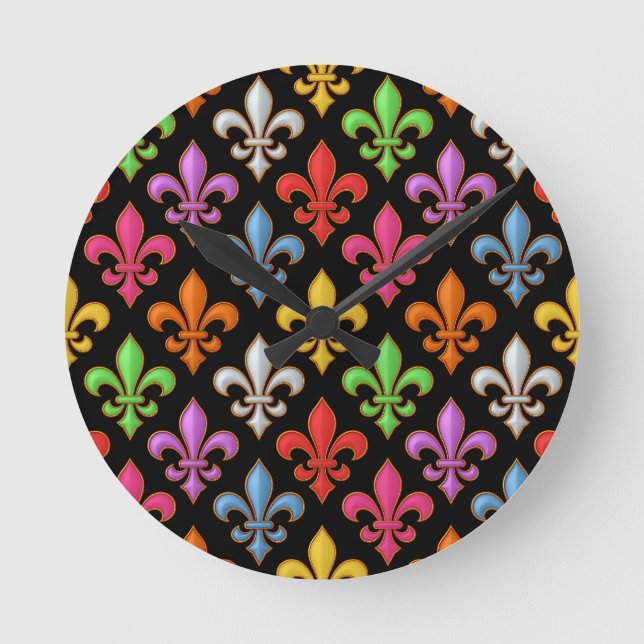 Färgglada Djärva Fleur-de-lis Blommor Svarta  Rund Klocka (Framsida)