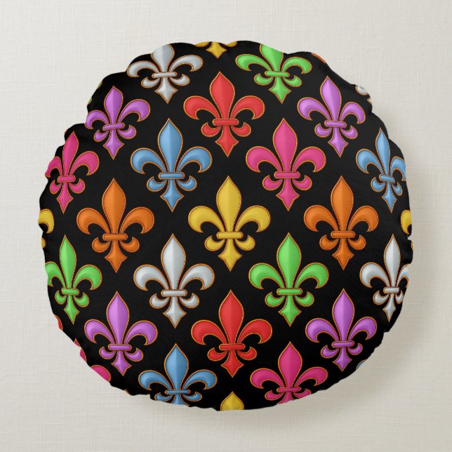 Färgglada Djärva Fleur-de-lis Blommor Svarta  Rund Kudde (Framsidan)
