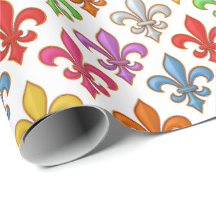 Färgglada Djärva Fleur-de-lis Blommor Vita Presentpapper