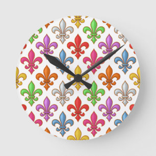 Färgglada Djärva Fleur-de-lis Blommor Vita Rund Klocka