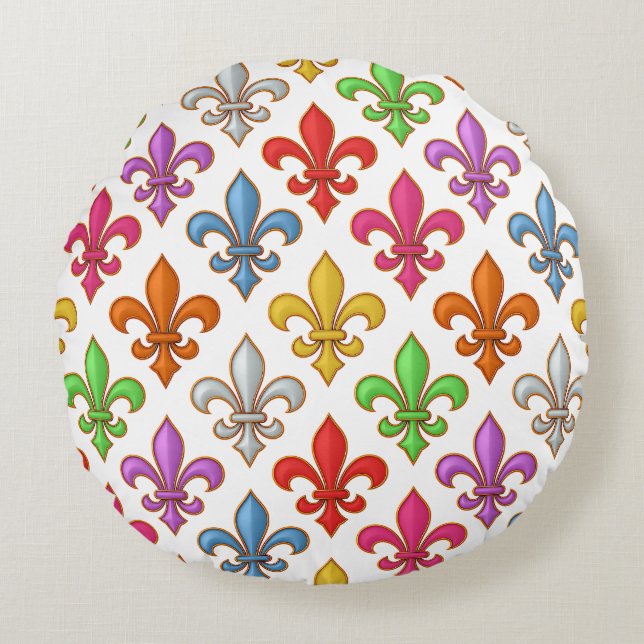 Färgglada Djärva Fleur-de-lis Blommor Vita Rund Kudde (Framsidan)