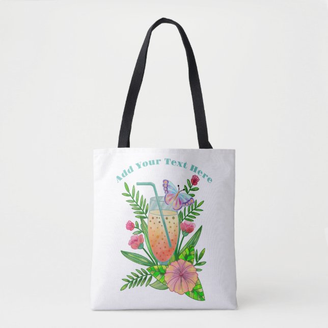 Färgglada drycker, fjäril och blommor tygkasse (Framsida)