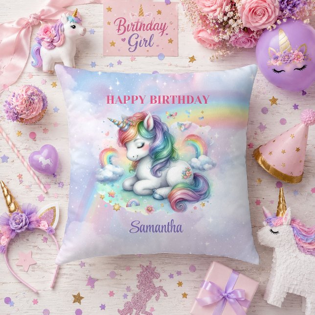 Färgglada Enhörning Rosa Lila Födelsedags Kudde (Colorful Unicorn Pink Purple Girl Birthday Pillow

)