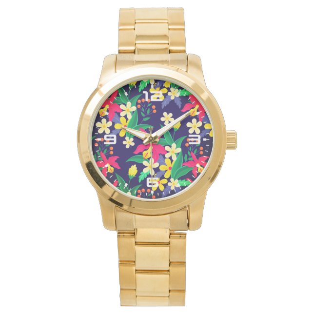 Färgglada Exotiska Blommor Blad Mönster-23021 Armbandsur (Framsida)