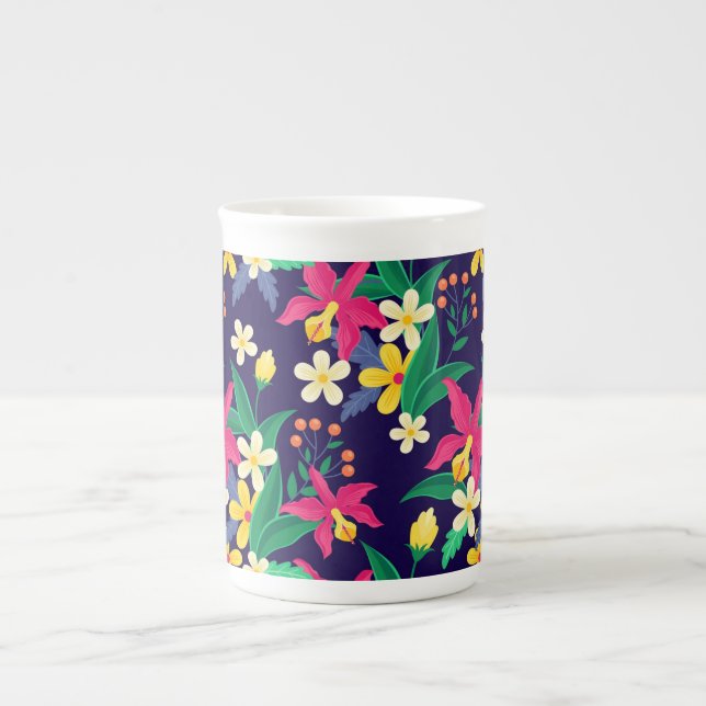 Färgglada Exotiska Blommor Blad Mönster-23021 Benporslin Mugg (Framsidan)