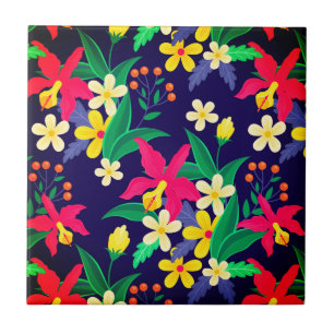 Färgglada Exotiska Blommor Blad Mönster-23021 Kakelplatta