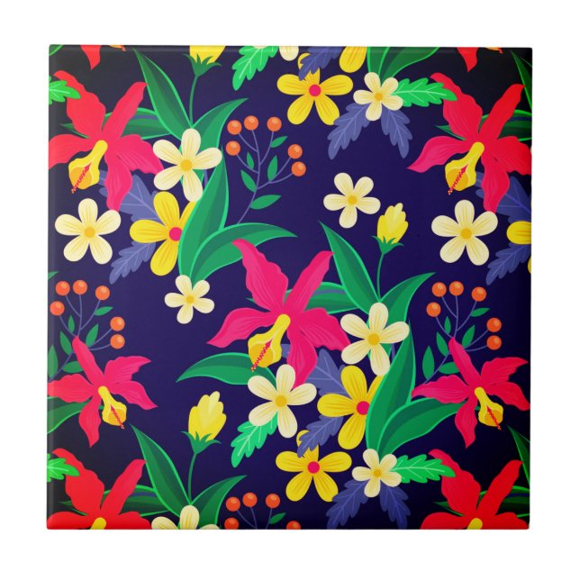 Färgglada Exotiska Blommor Blad Mönster-23021 Kakelplatta (Framsidan)