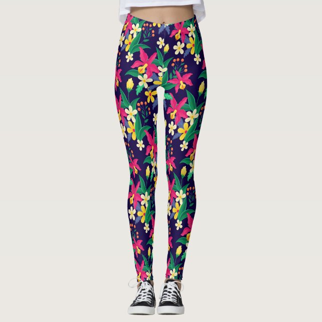 Färgglada Exotiska Blommor Blad Mönster-23021 Leggings (Framsida)